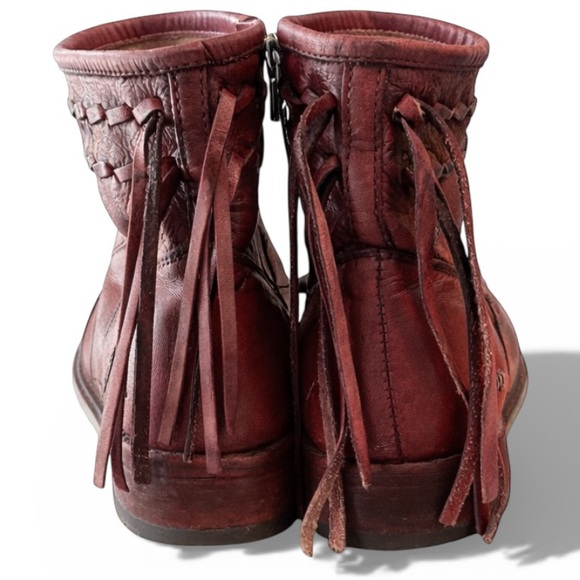 BED|STU Craven Distressed Leather Fringe Ankle Boots in Burgandy Red Size 8.5 - Picture 6 of 9